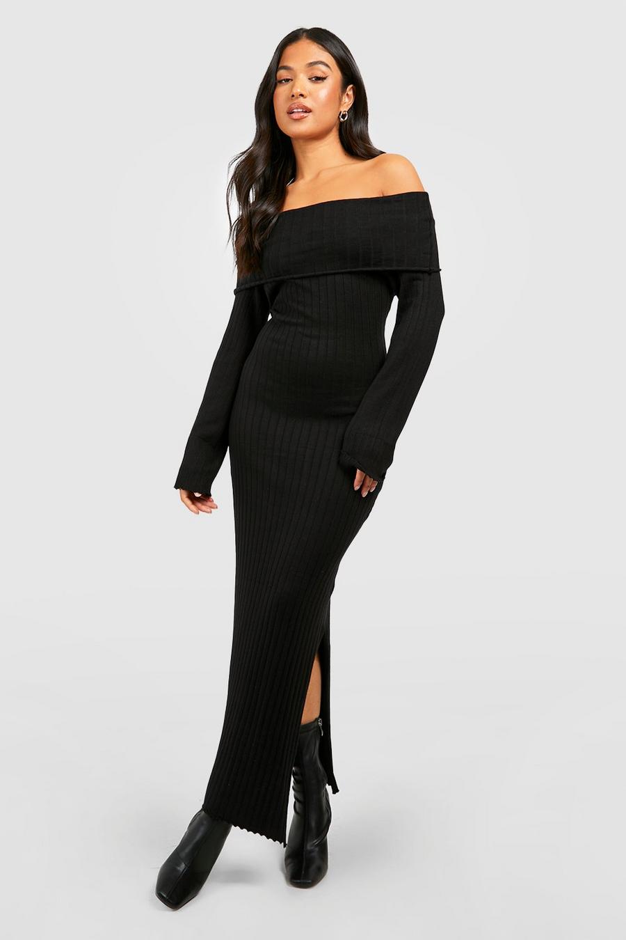 Black Petite Oversized Bardot Neckline Knitted Maxi Dress  image number 1