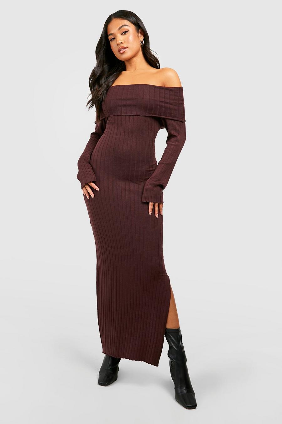Chocolate Petite Oversized Off The Shoulder Neckline Knitted Maxi Dress image number 1