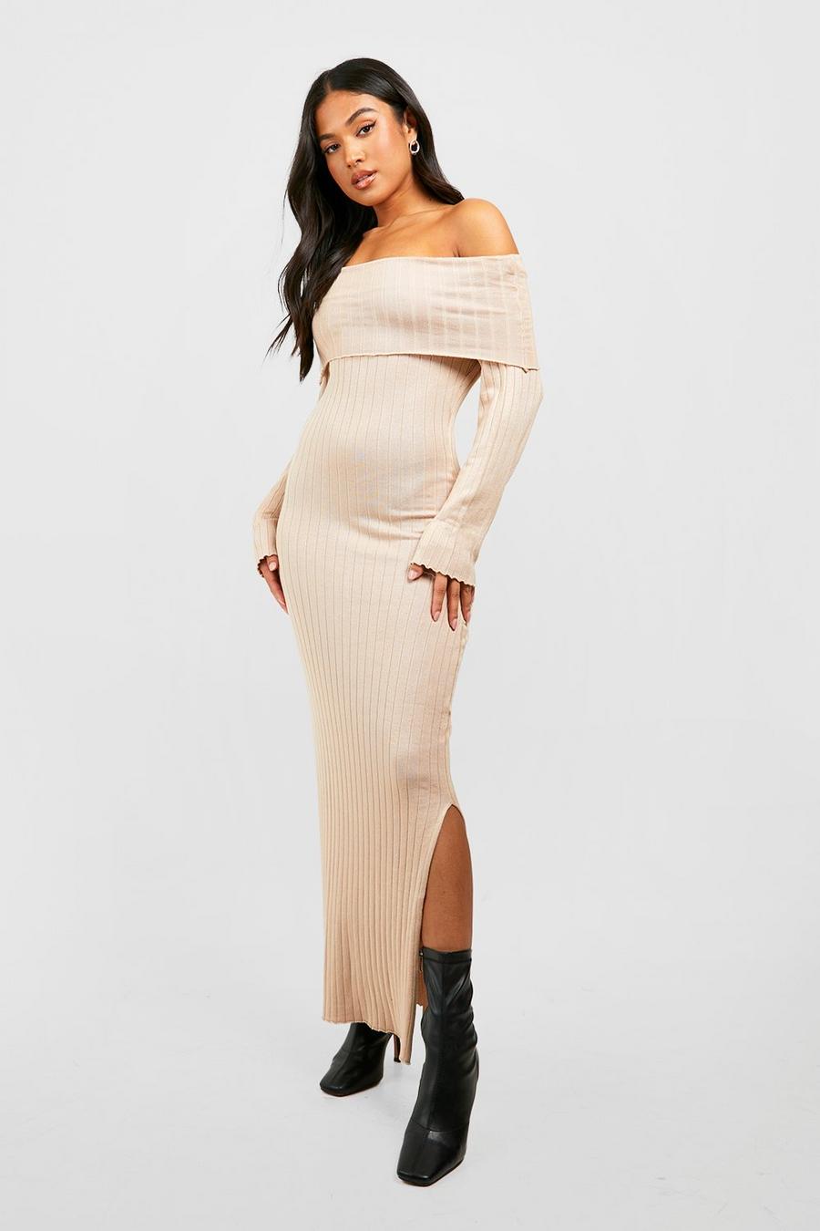 Stone Petite Oversized Off The Shoulder Neckline Knitted Maxi Dress
