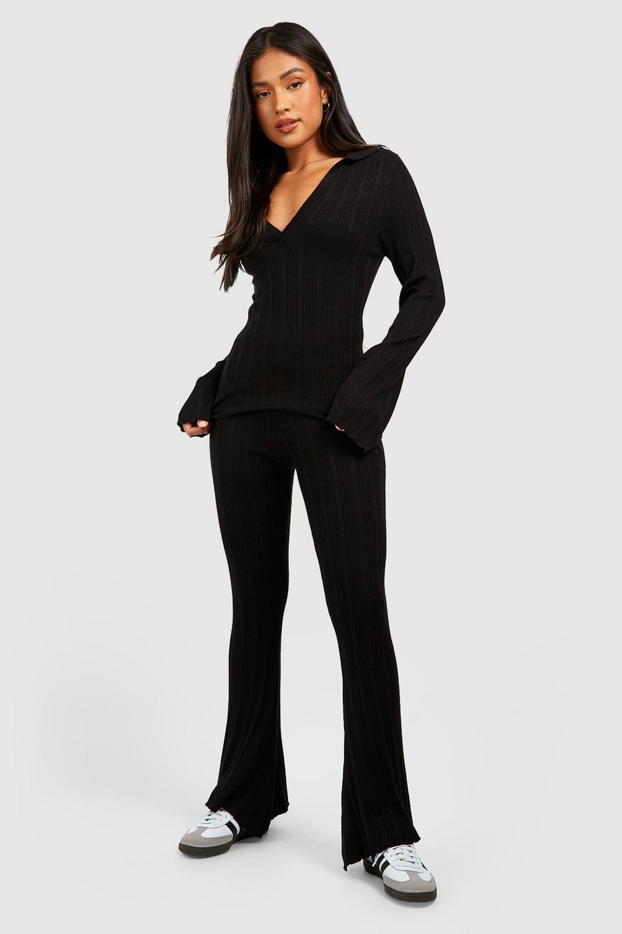 Black Petite Mixed Rib Polo Collar Top And Flares Knitted Set  image number 1