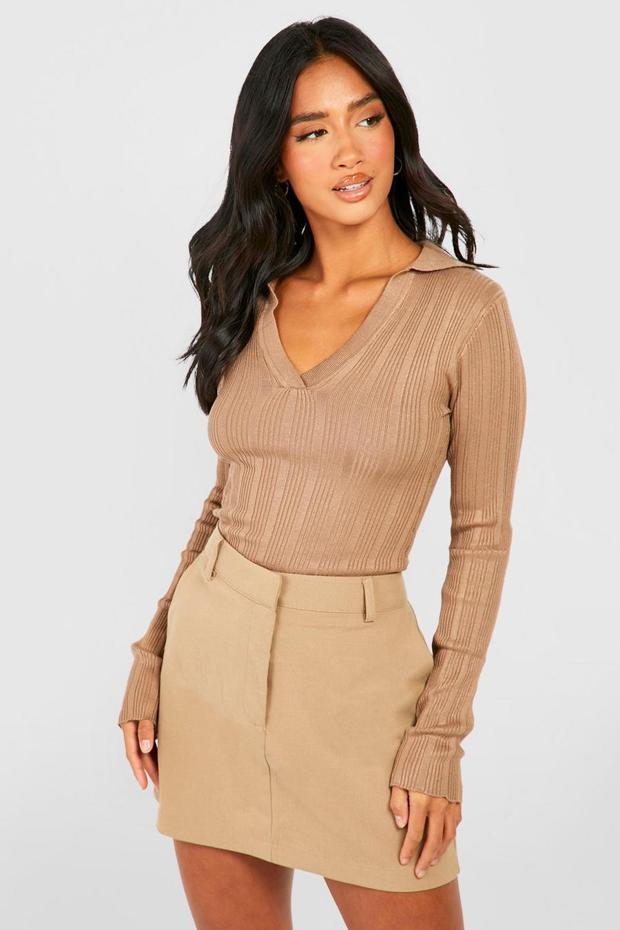 Taupe Petite Rib Knit Polo Collar Top  image number 1