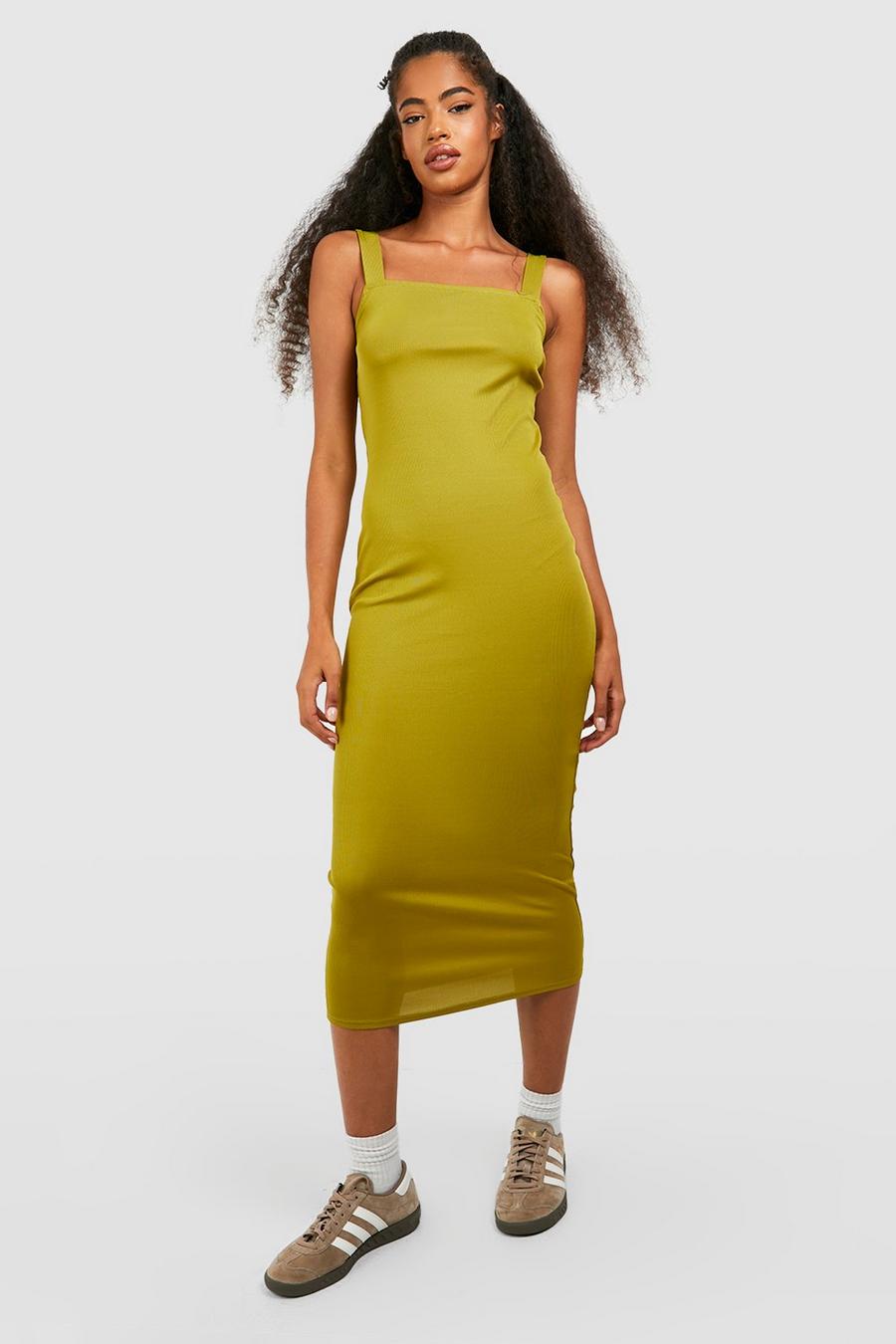 Chartreuse yellow Strappy Rib Midi Dress