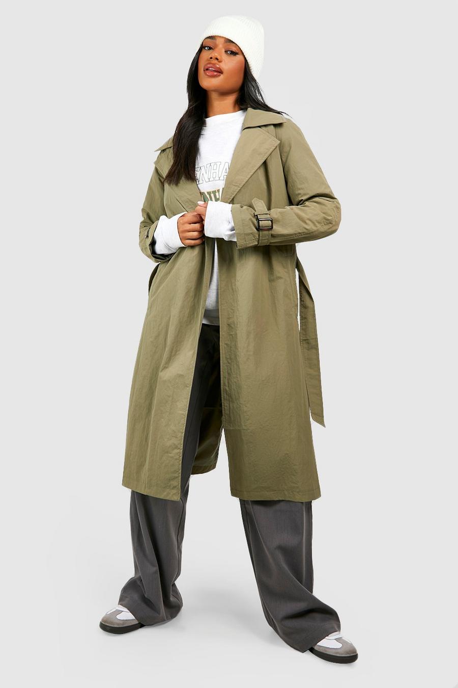 Trench in nylon color carbone con cintura, Khaki image number 1