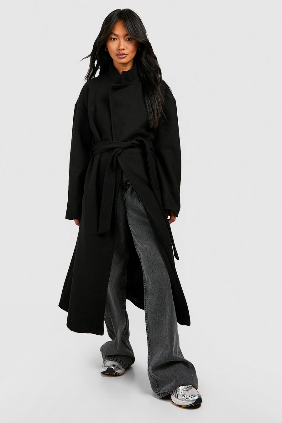 Cappotto maxi effetto lana con collo a imbuto e cintura, Black image number 1