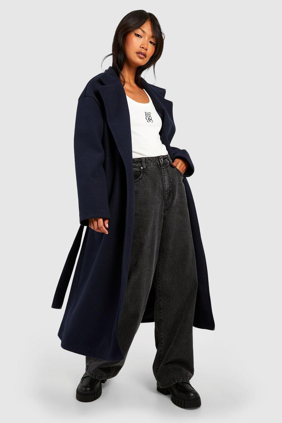 Navy Funnel Neck Wool Look Belted Maxi Coat  image number 1