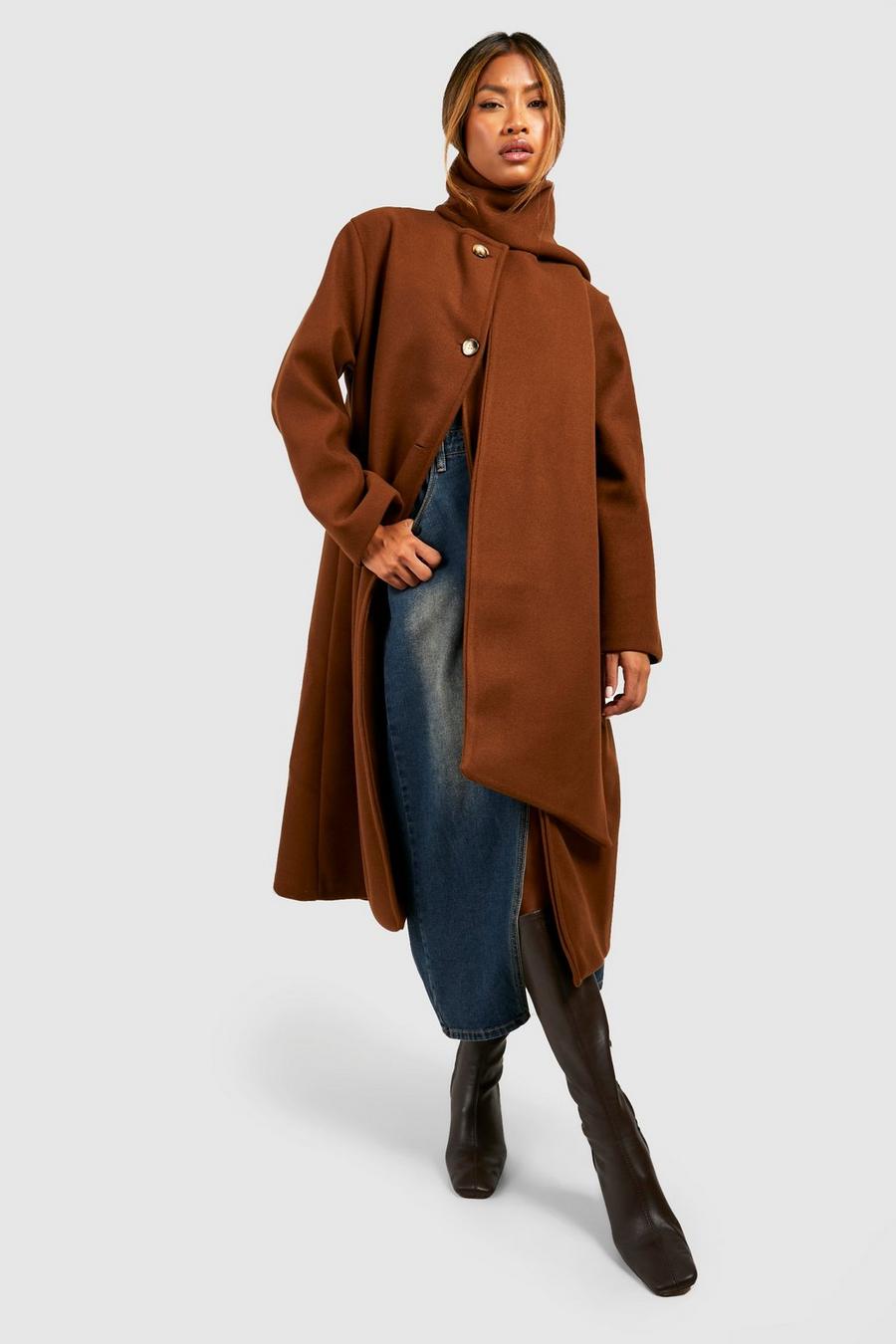 Cappotto longuette effetto lana a foulard, Chocolate