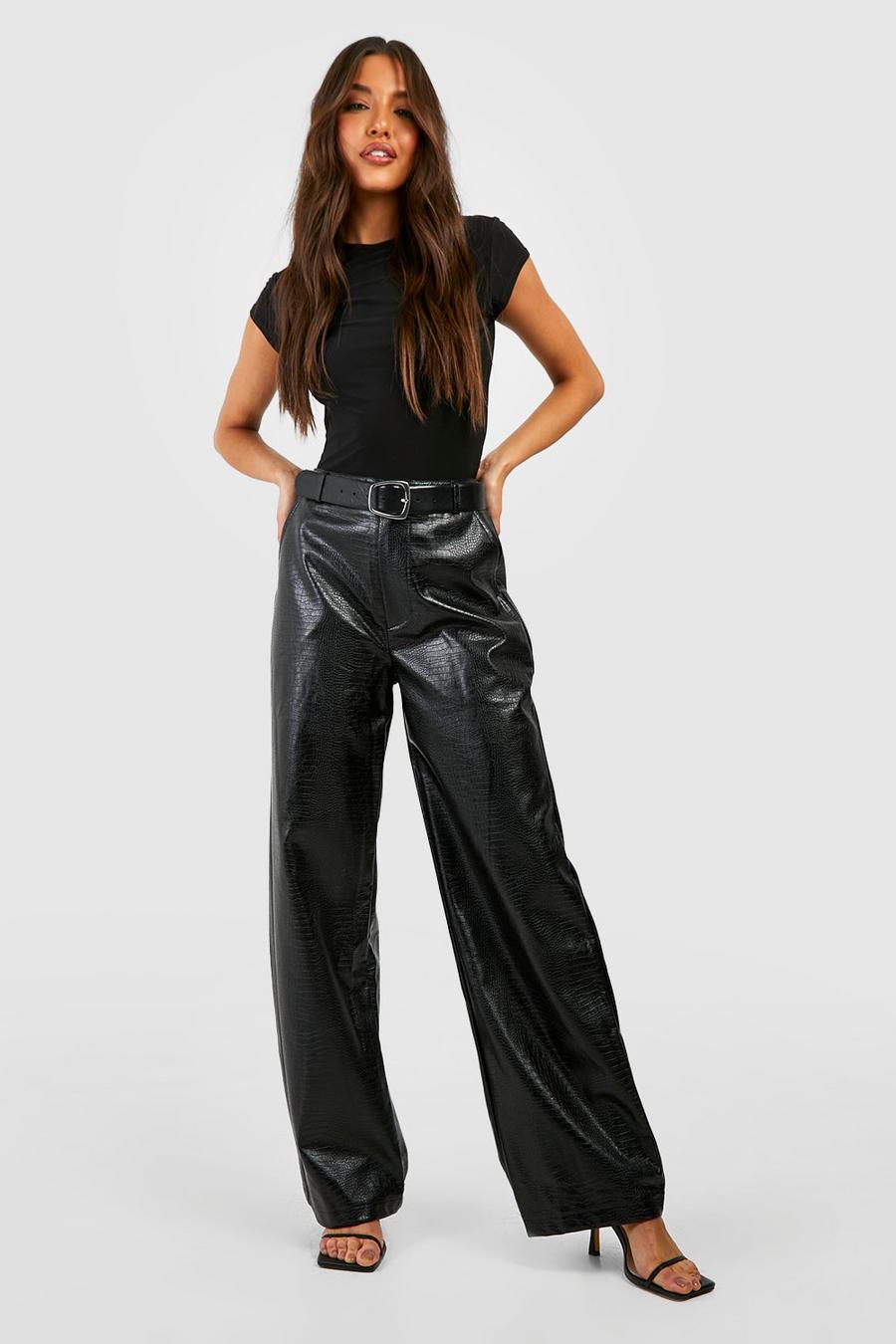 Black Croc Faux Leather Wide Leg Trousers image number 1
