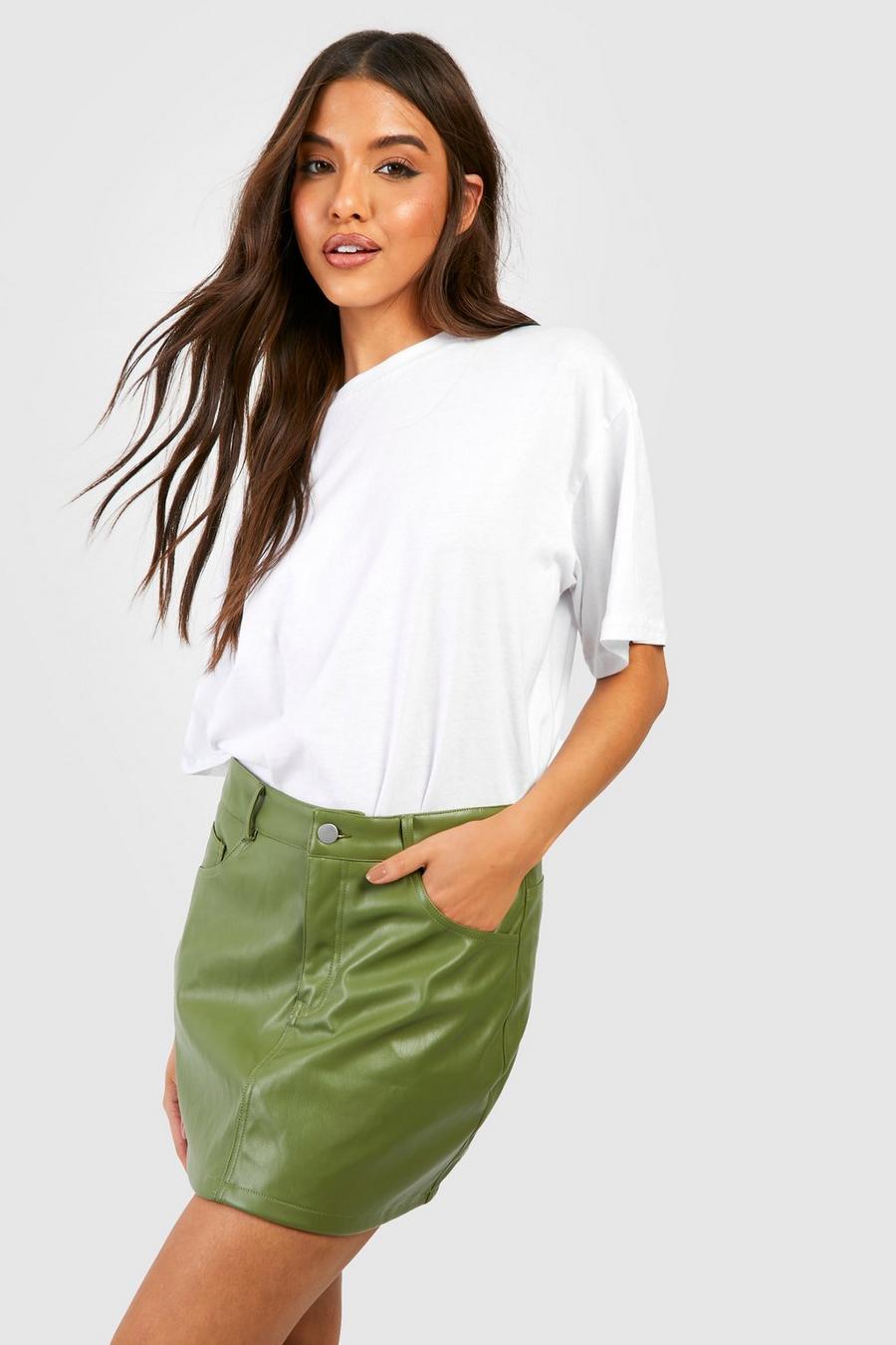 Khaki Leather Look High Waisted Mini Skirt image number 1