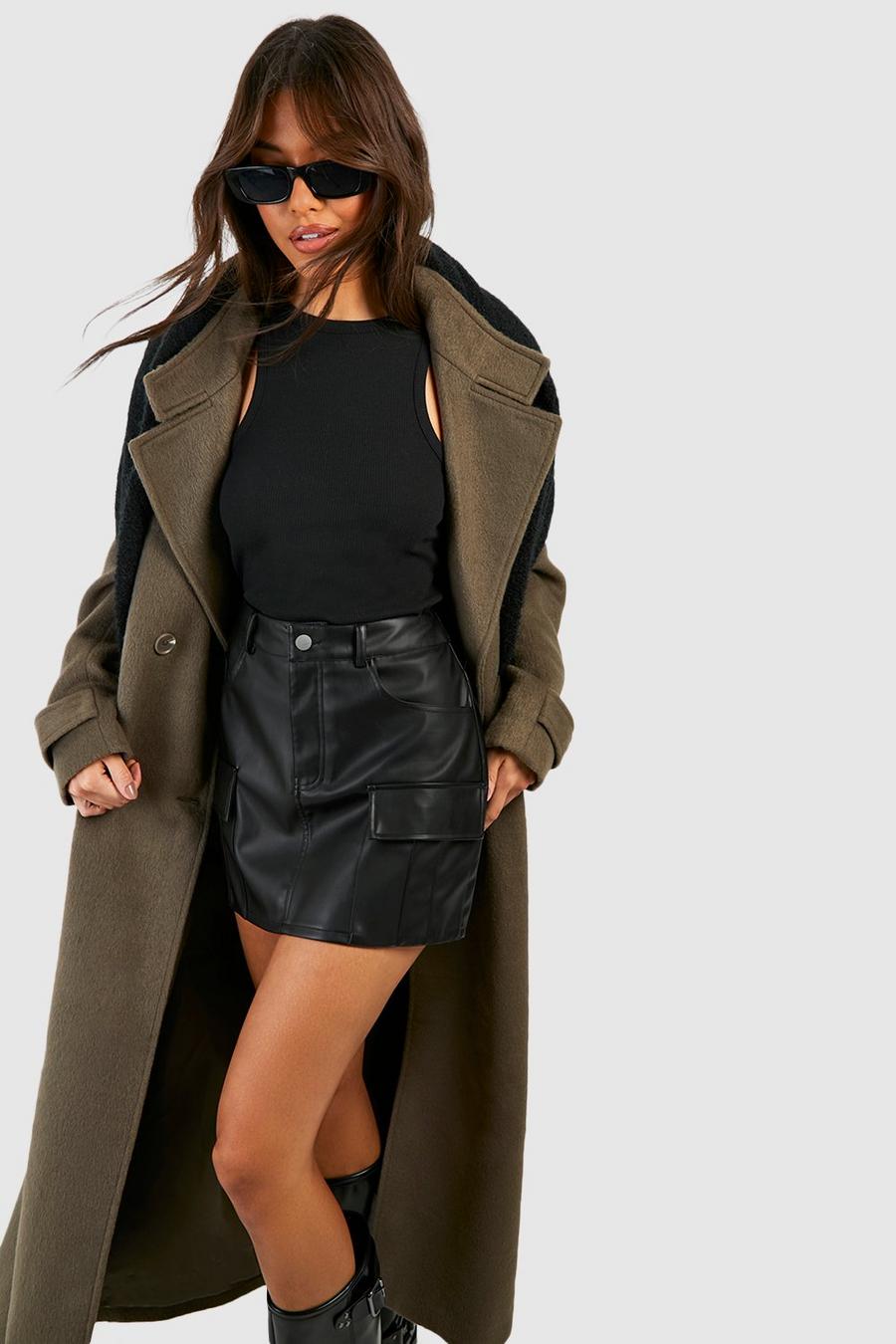 Black Leather Look Cargo Mini Skirt image number 1