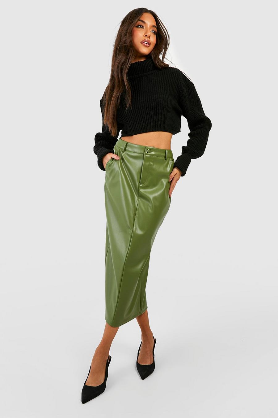 Khaki Faux Leather High Waisted Midi Skirt