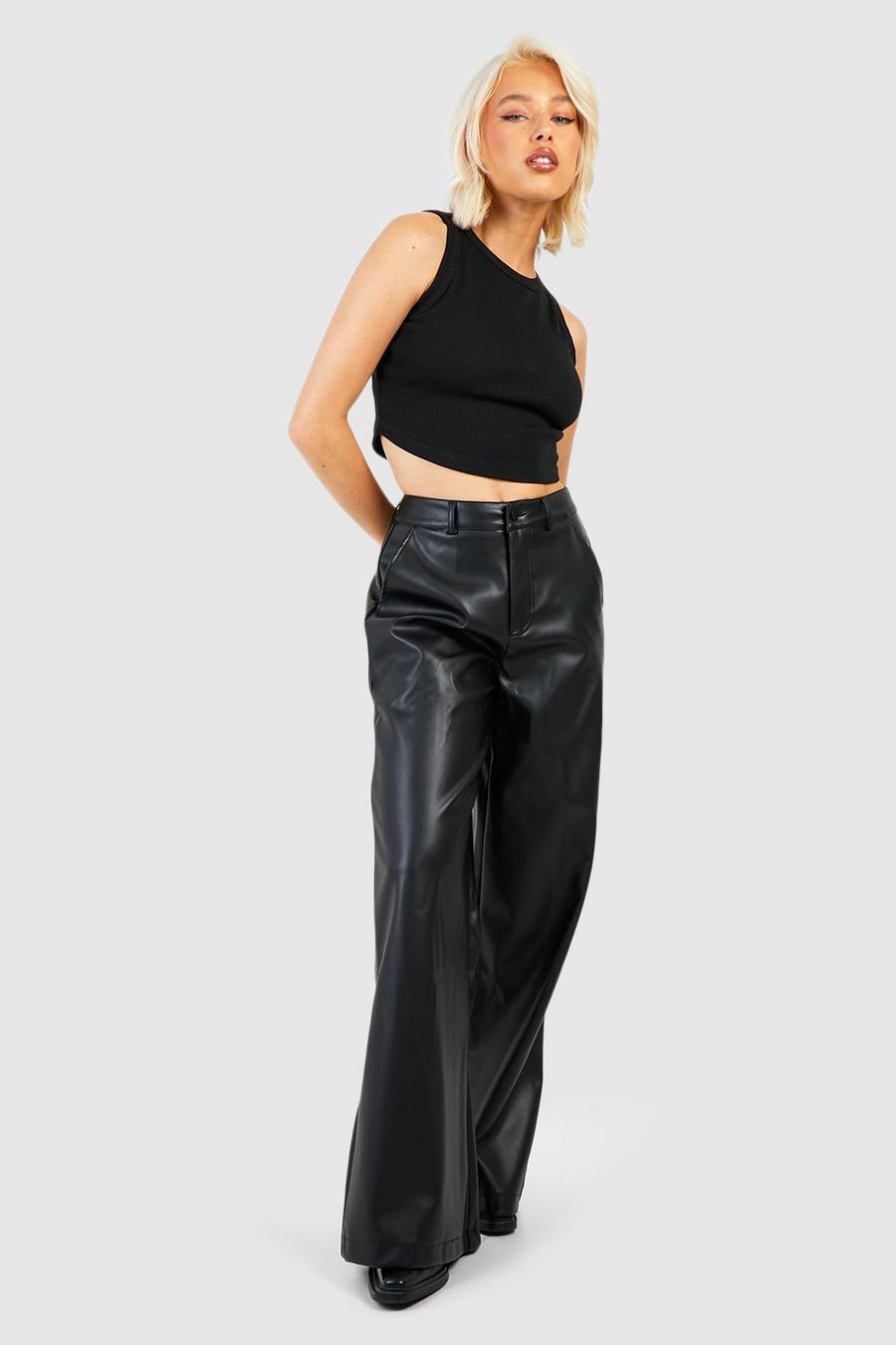Black Leather Look Wide Fit Pants image number 1