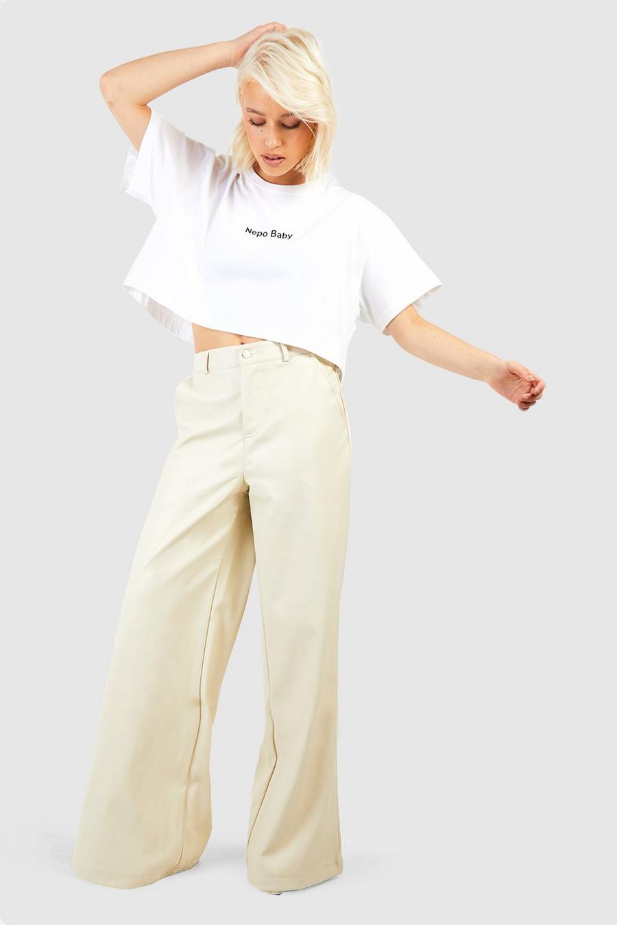 Ecru Faux Leather Wide Width Pants image number 1