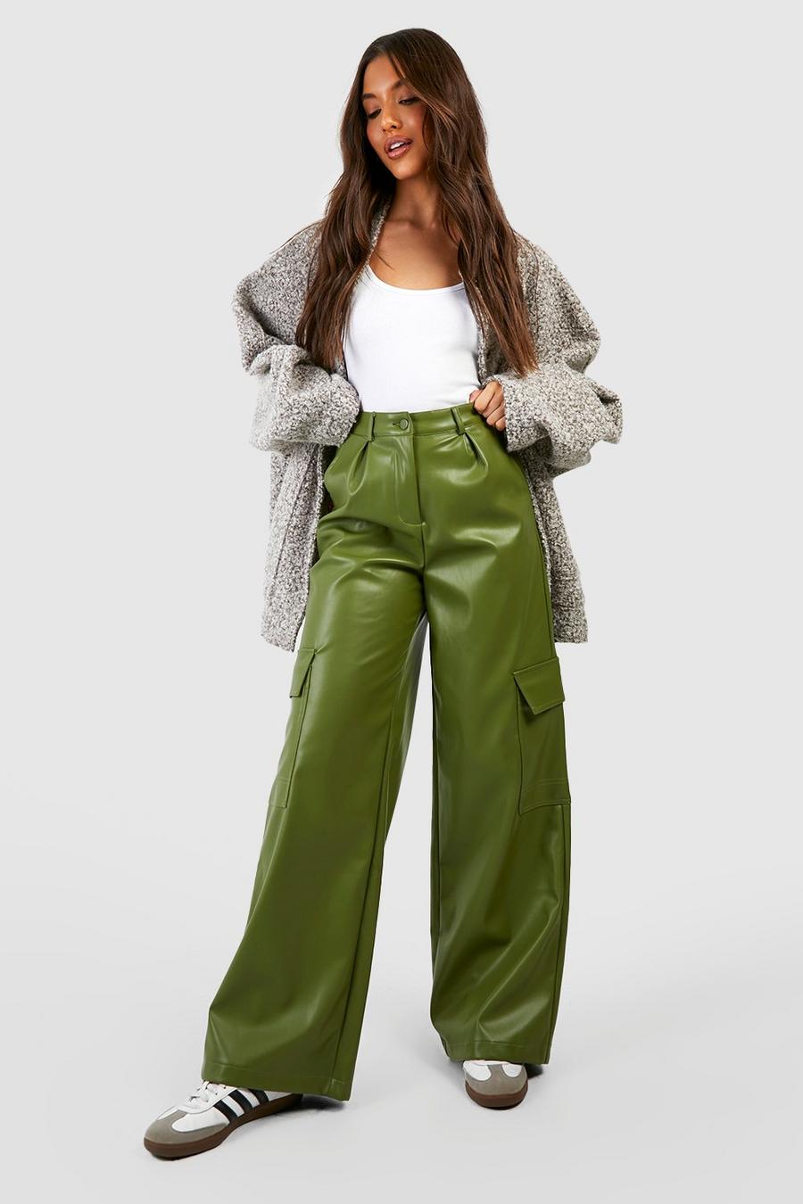 Khaki Leather Look High Waisted Cargo Trousers image number 1