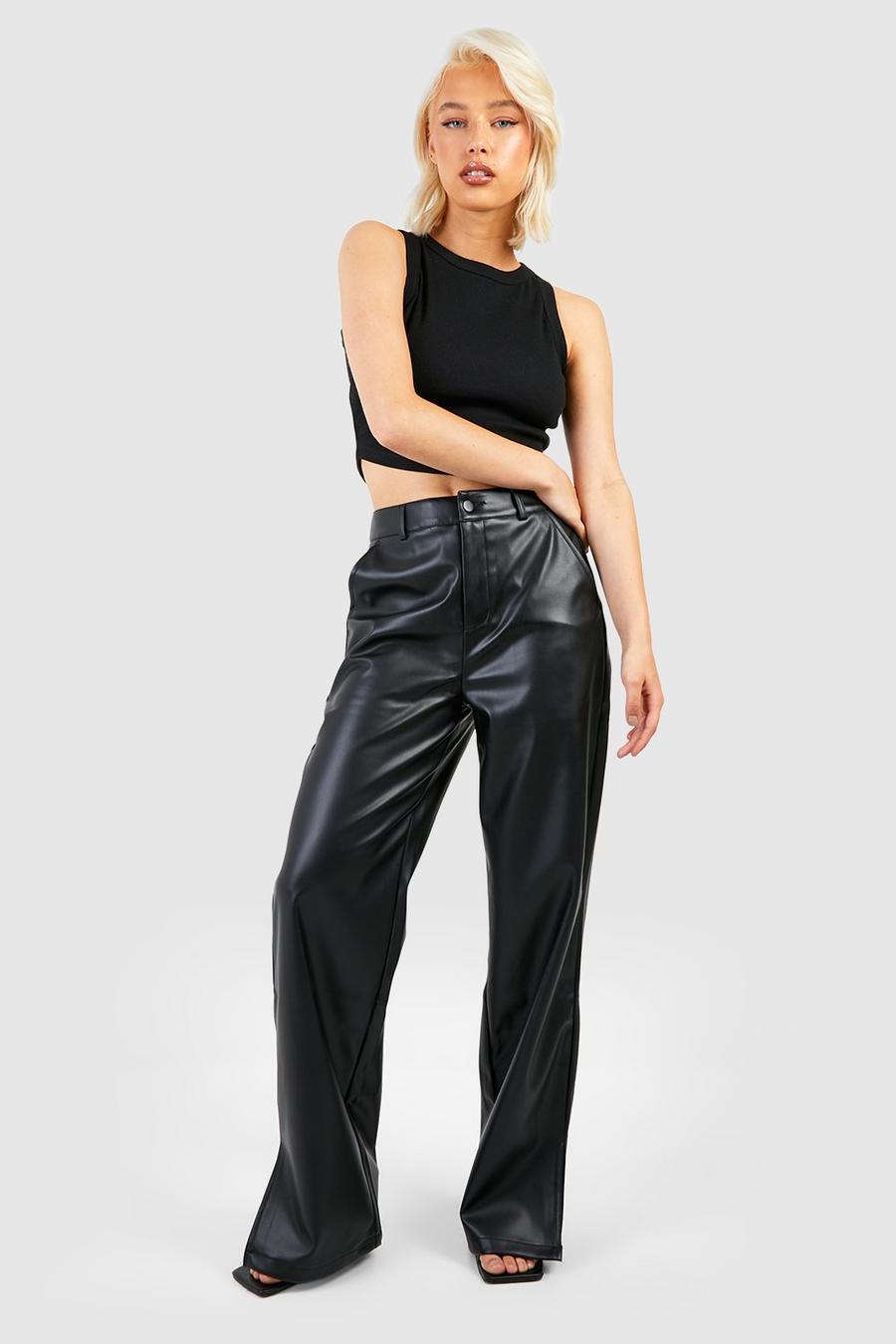 Black Leather Look High Waisted Split Hem Pants