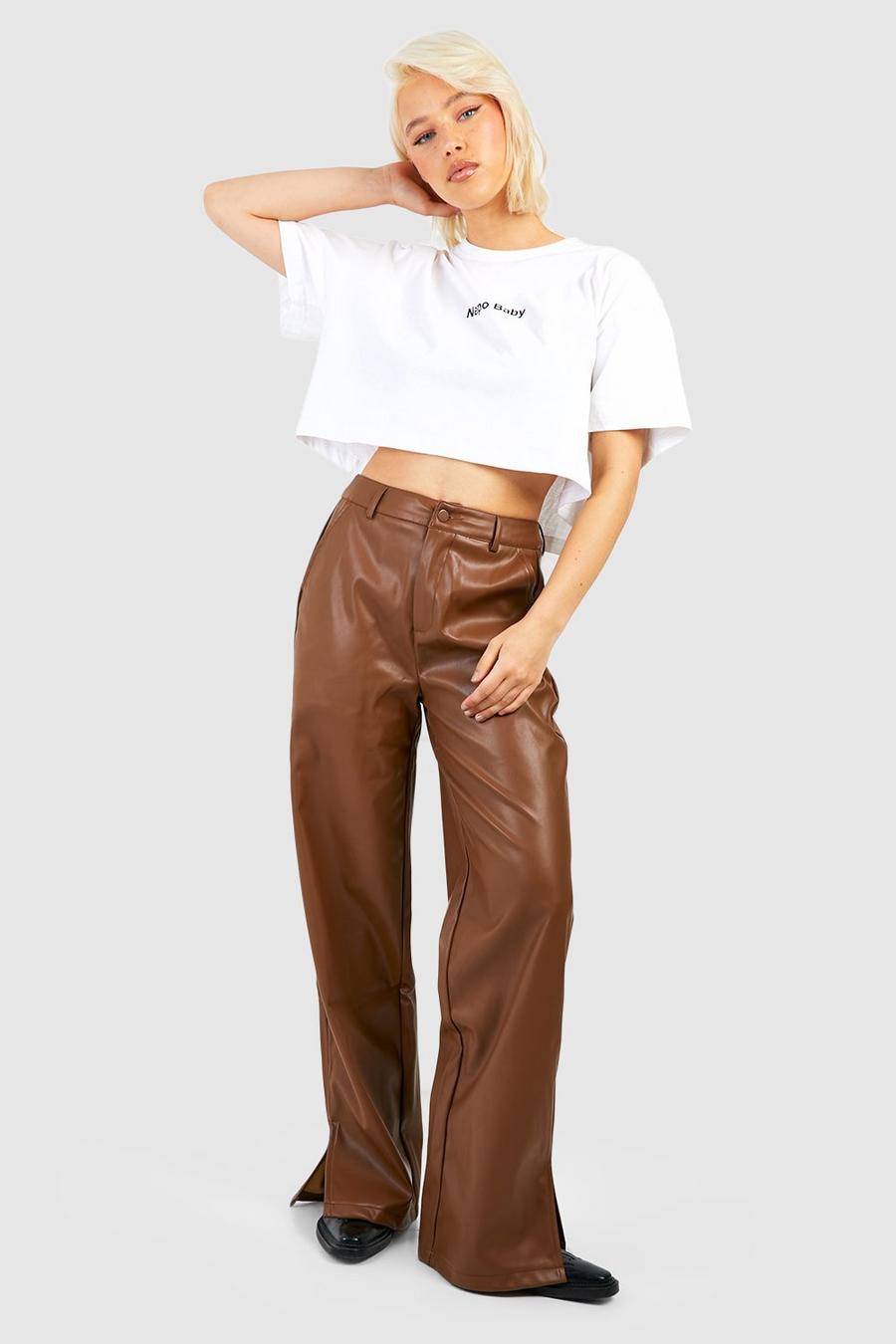 Chocolate Leather Look High Waisted Split Hem Trousers image number 1