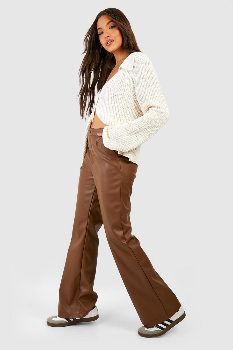 Chocolate Faux Leather High Waisted Flared Pants image number 1
