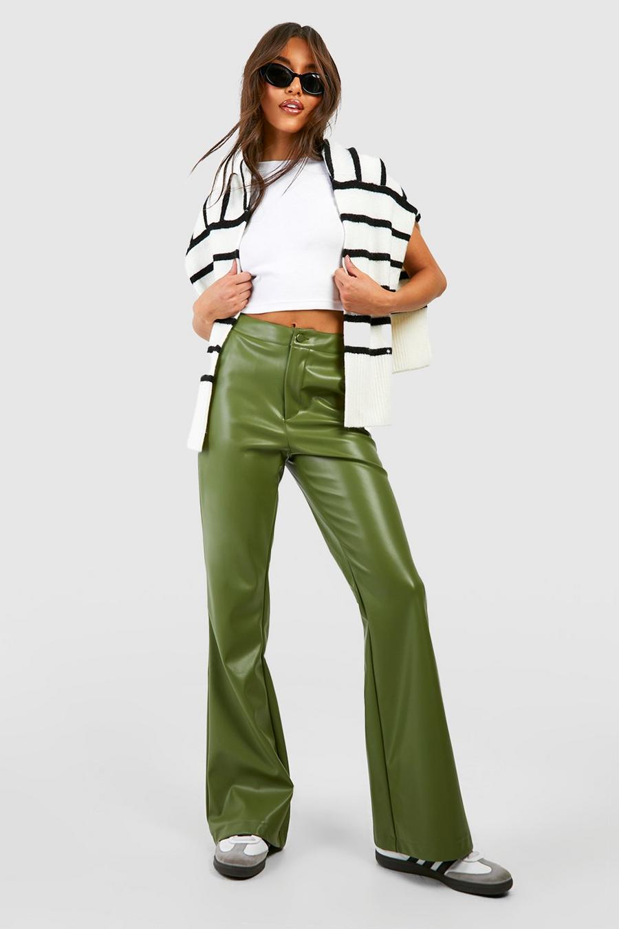 Khaki Faux Leather High Waisted Flared Pants image number 1