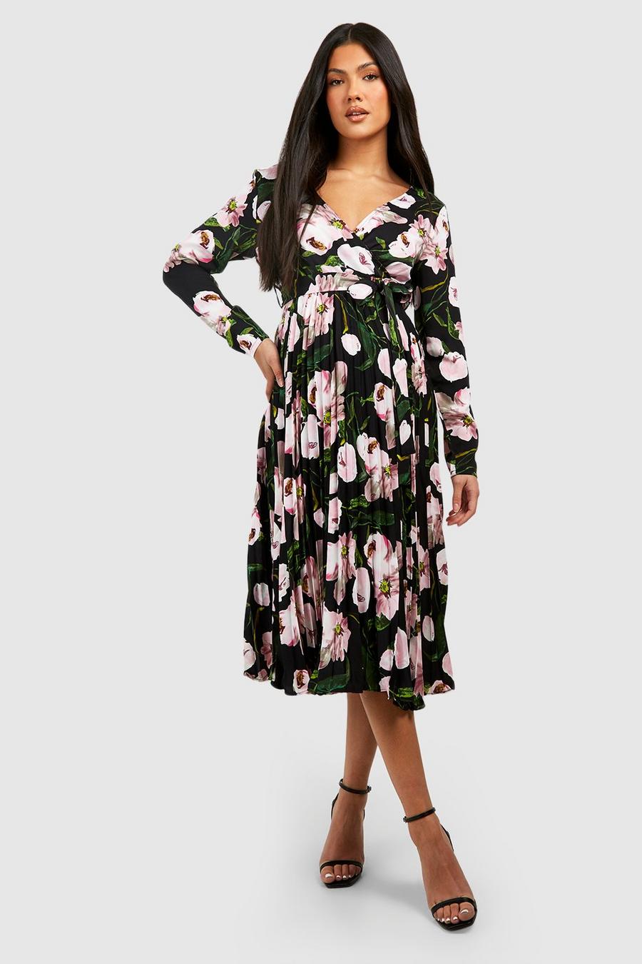 Black Maternity Occasion Floral Pleated Wrap Midi Dress image number 1