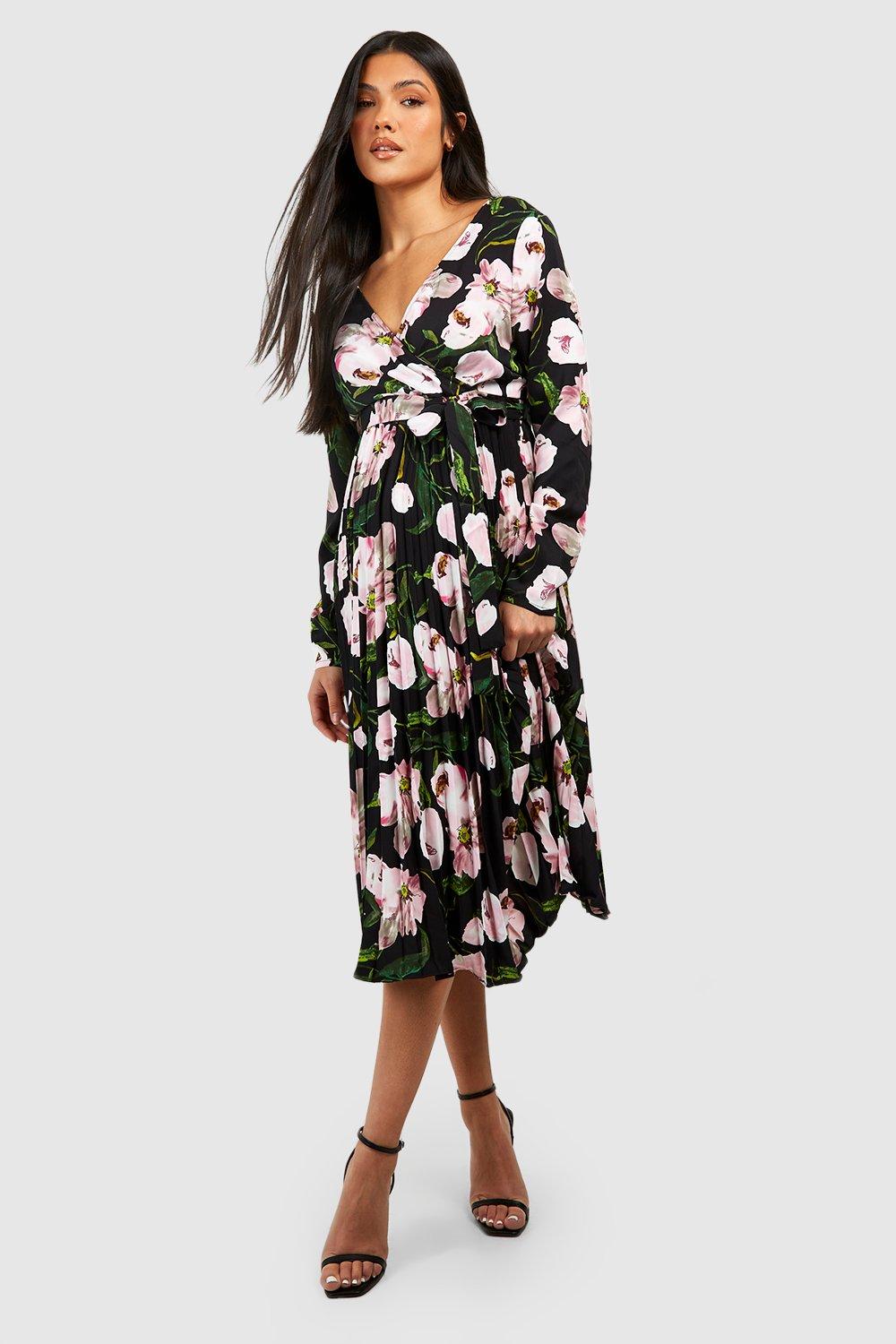 Pleated Wrap Dress - Black/floral - Ladies