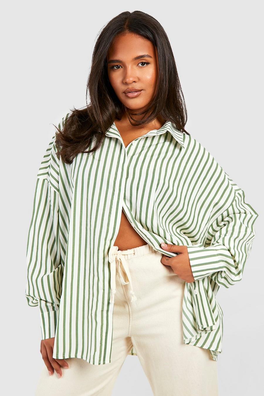Plus Oversize Hemd mit breiten Streifen, Green