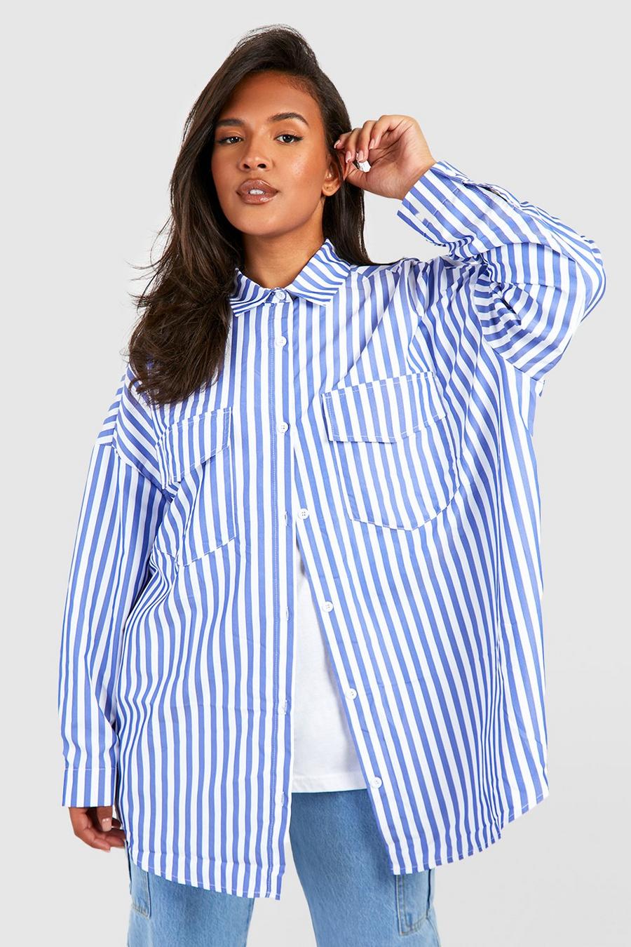 Camisa Plus oversize utilitaria de rayas, Navy image number 1