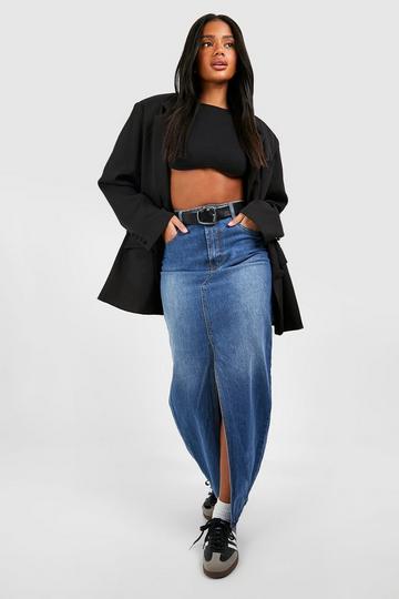 Split Front Denim Maxi Skirt mid blue