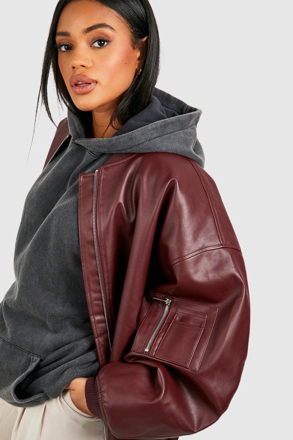 Women s Oversized Faux Leather Bomber Jacket Boohoo UK