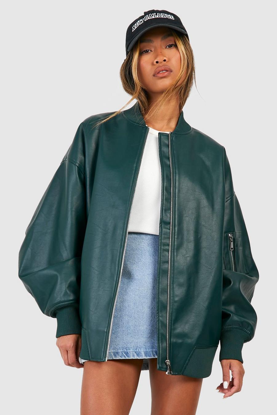 Forest green Oversized Faux Leather Bomber Jacket