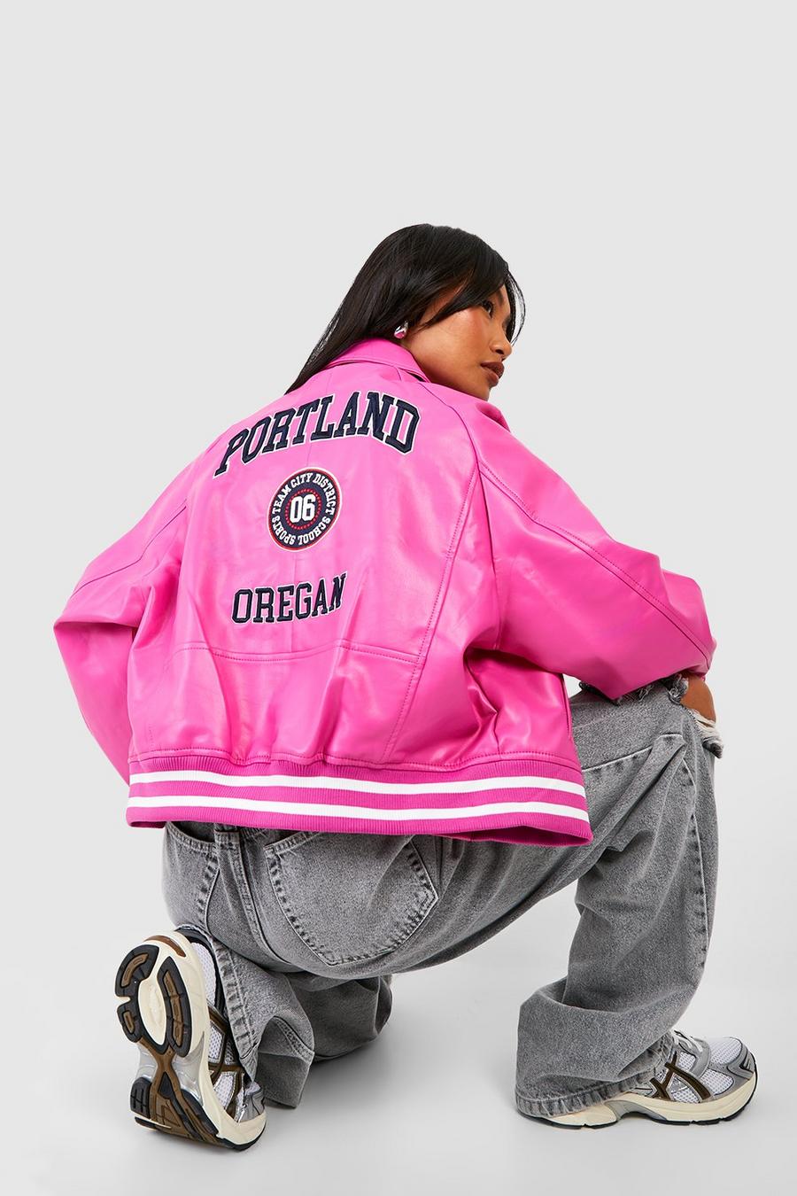 Oversize Kunstleder-Bomberjacke mit Portland-Stickerei, Pink image number 1