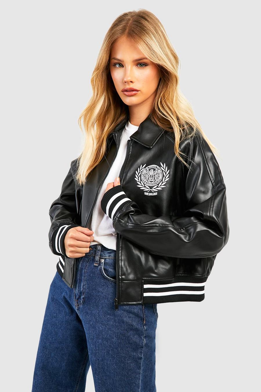 Black Oversized Embroidered New York Faux Leather Bomber image number 1