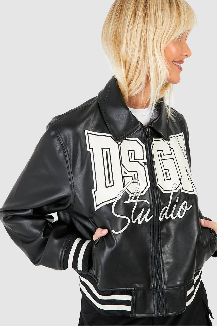 Black Oversized Embroidered Dsgn Studio Faux Leather Bomber image number 1