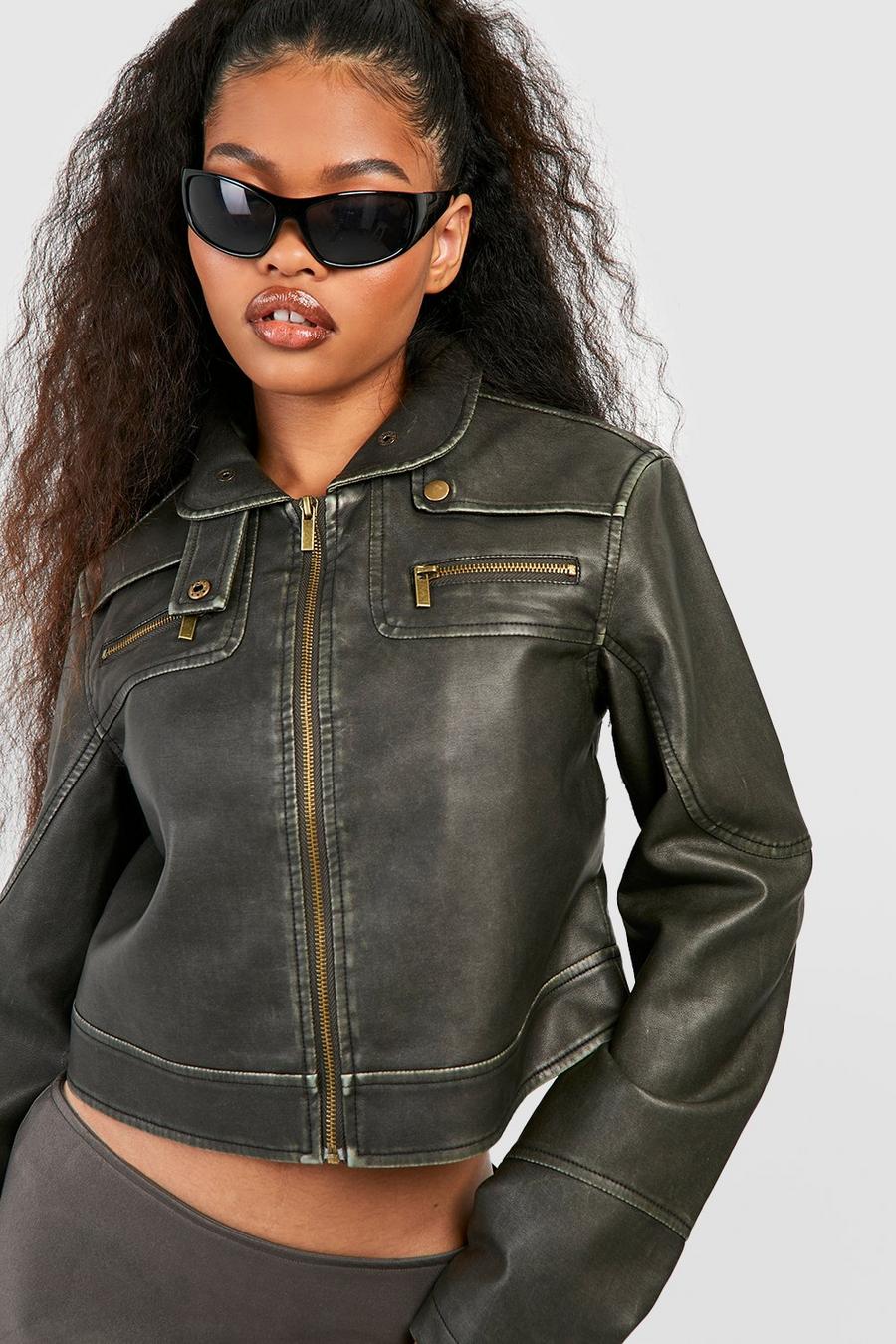 Black svart Vintage Look Zip Detail Faux Leather Jacket