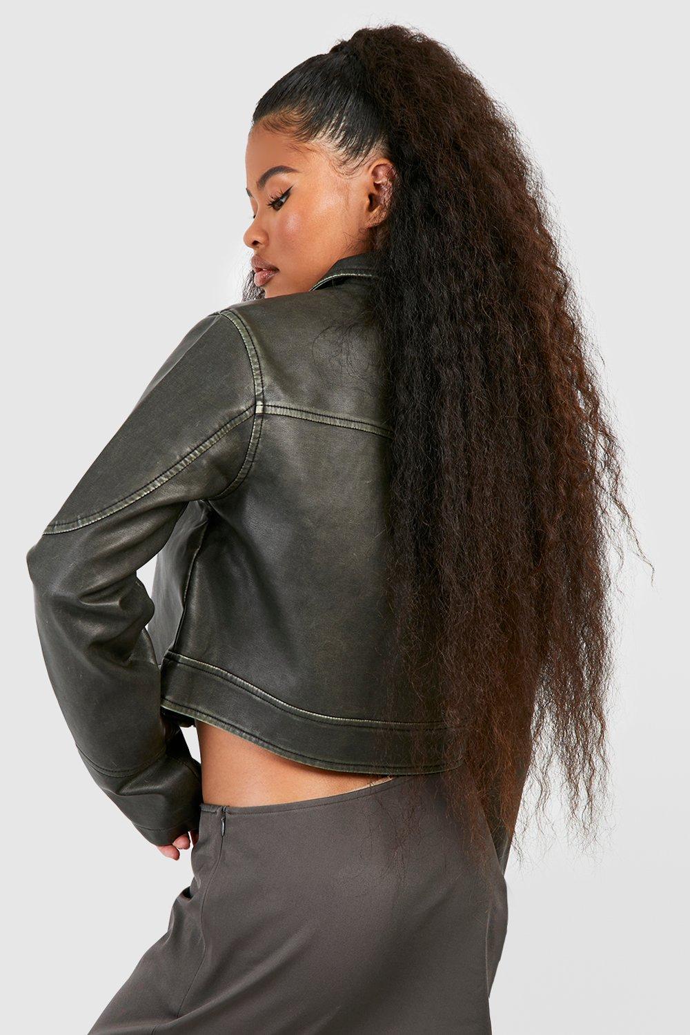 Women's Vintage Look Zip Detail Faux Leather Jacket