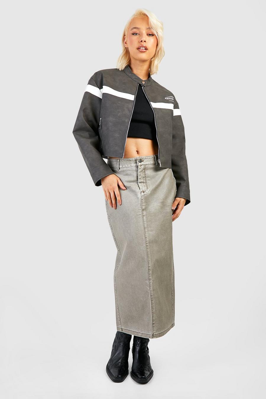 Grey Vintage Look Faux Leather Midi Skirt  