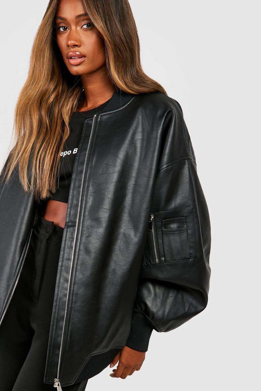 Black Oversized Faux Leather Bomber Jacket