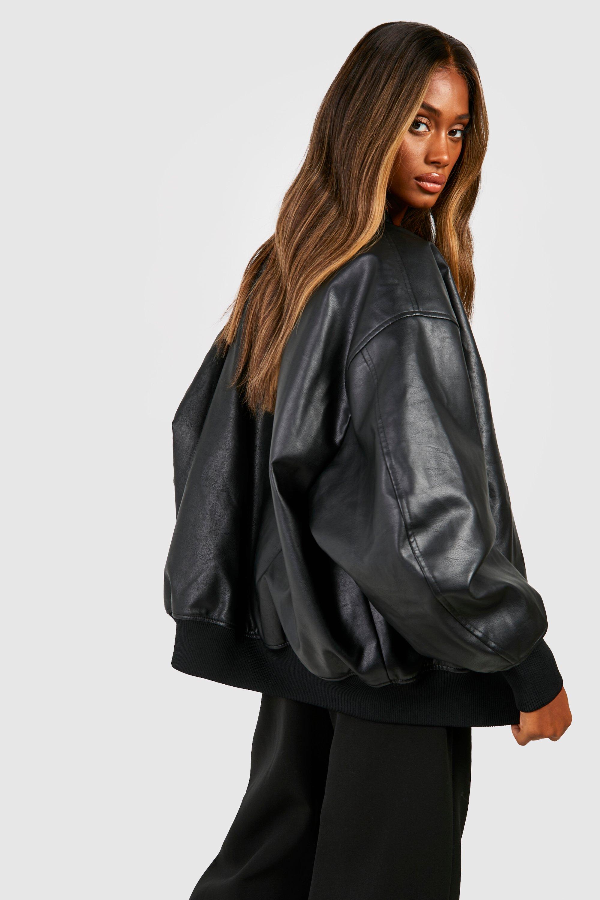 Black Faux Leather Bomber Jacket