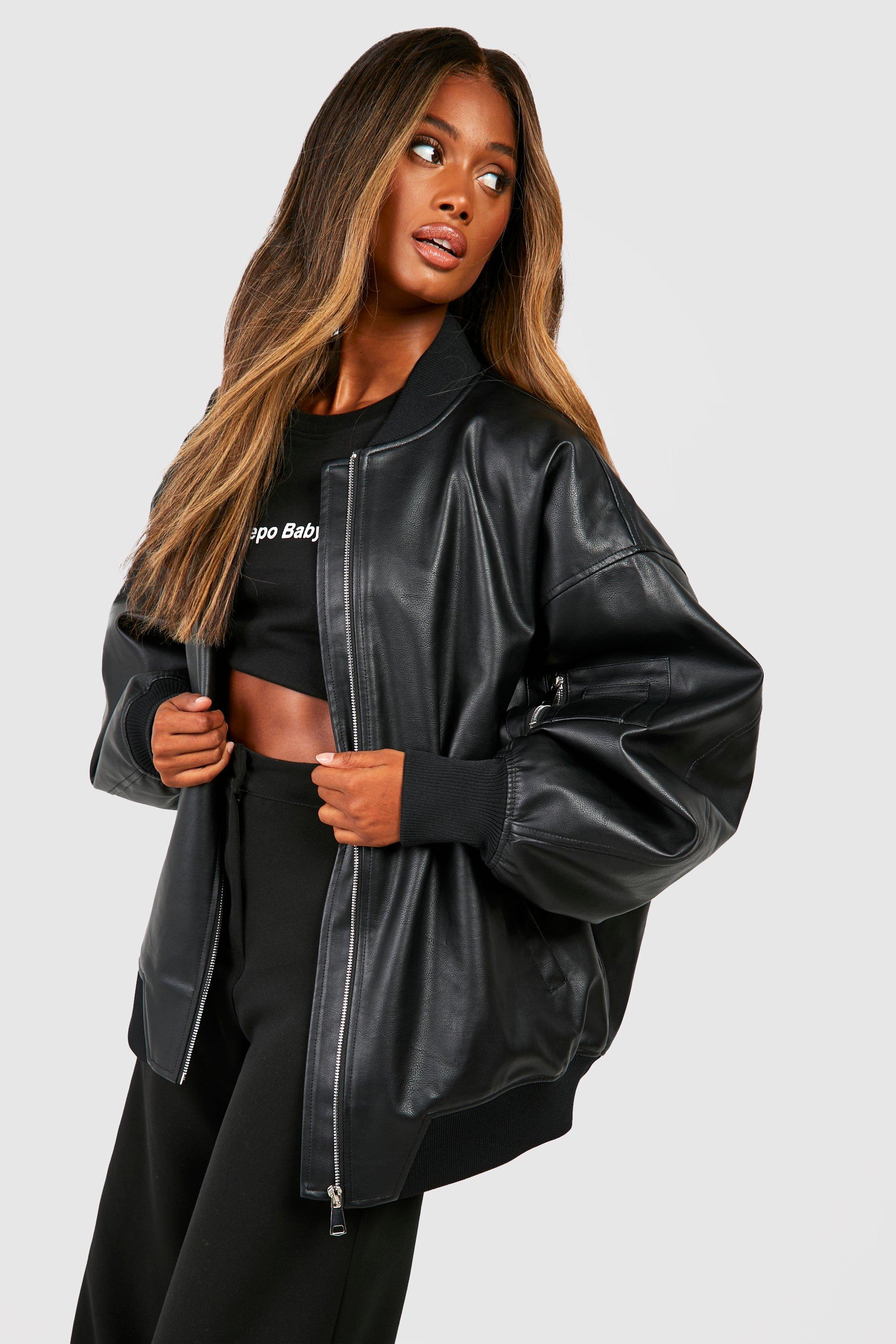 Women s Oversized Faux Leather Bomber Jacket Boohoo UK