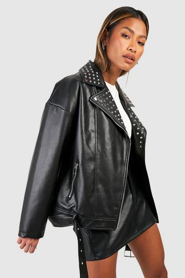 Black Oversized Studded Faux Leather Moto Jacket