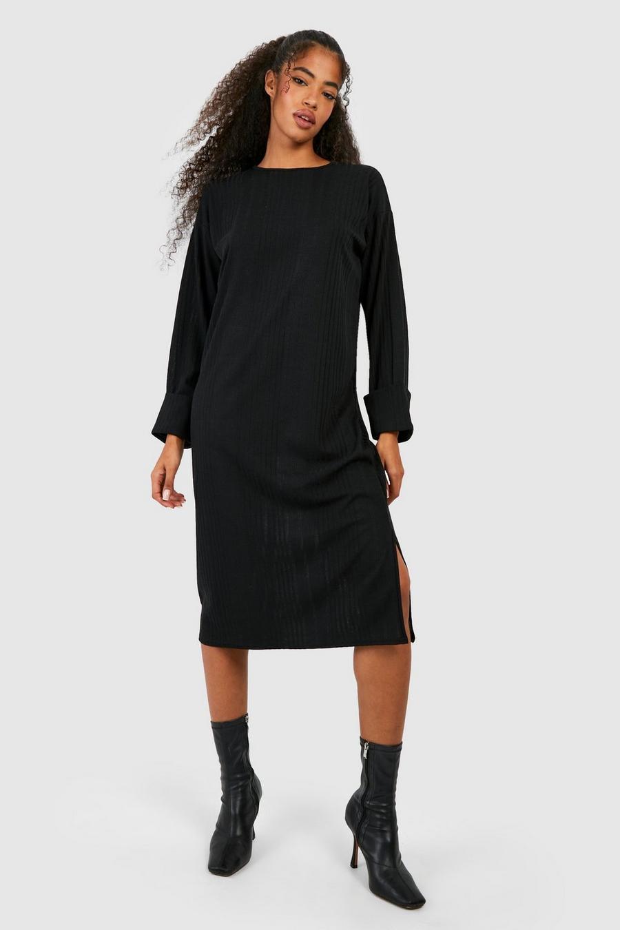 Black Soft Rib Loose Midi Dress