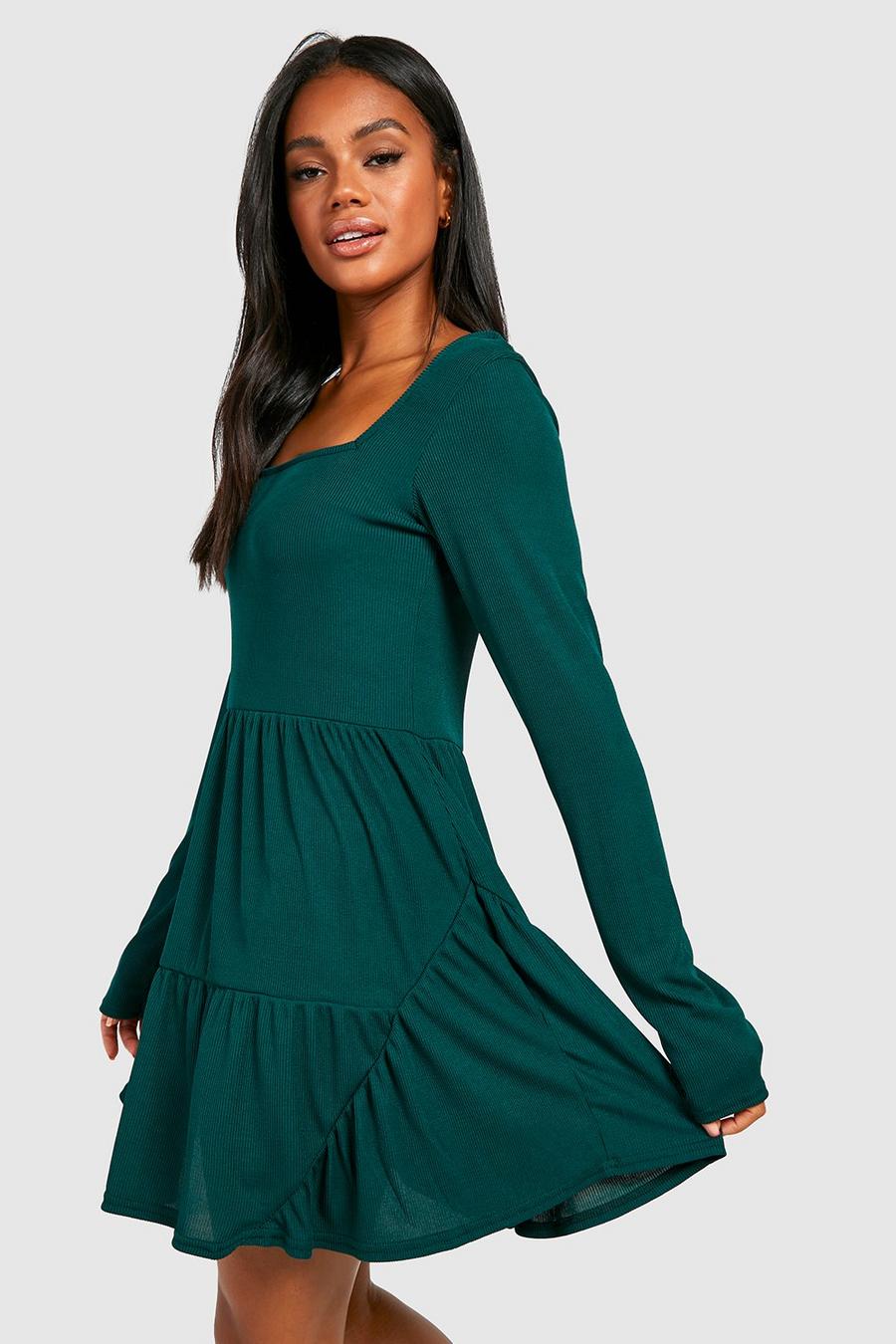 Bottle green Rib Asymmetric Tiered Smock Dress image number 1