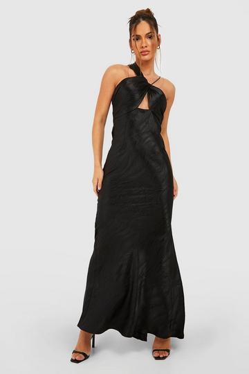 Black Jacquard Satin Twist Maxi Dress