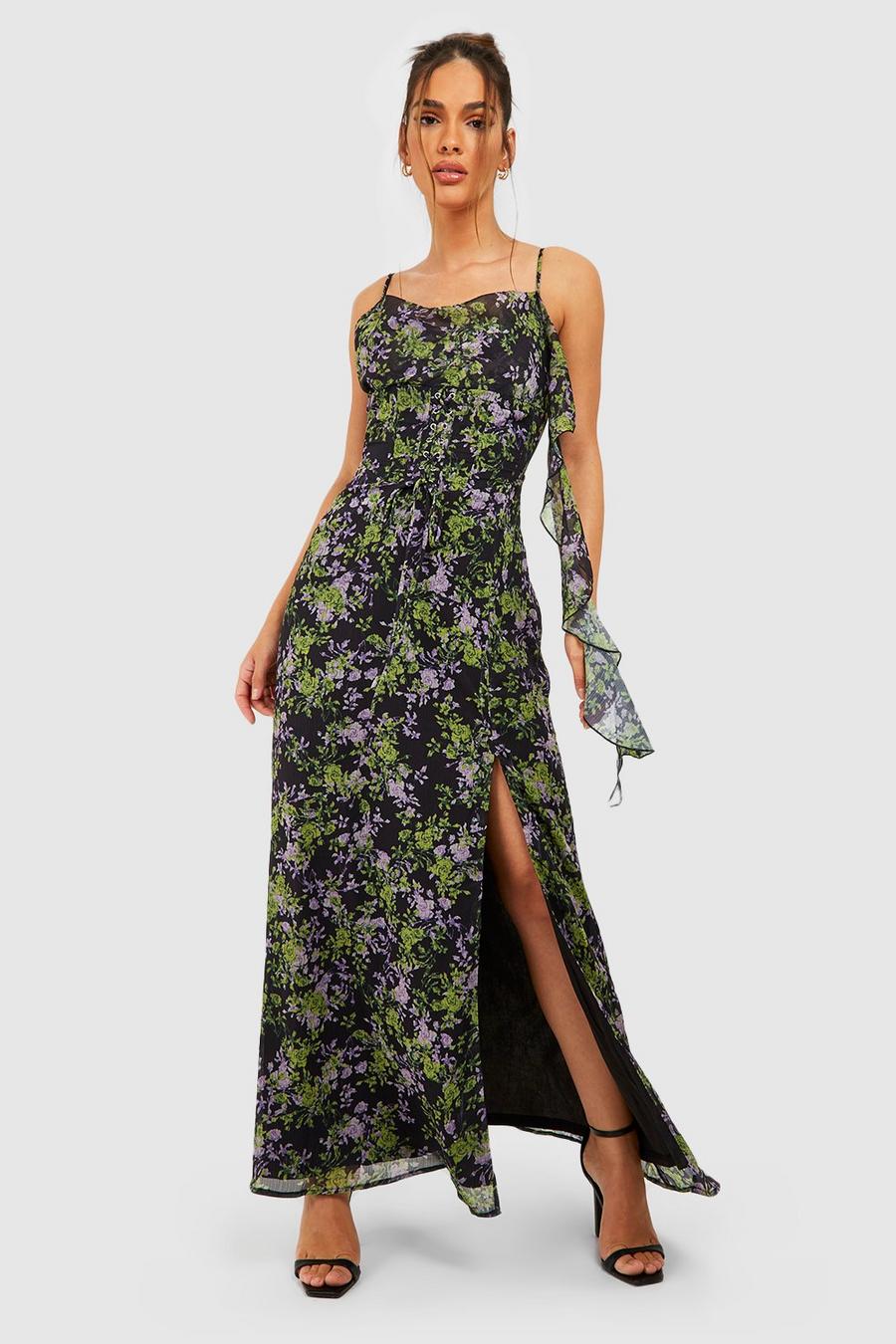 Black Floral Chiffon Corset Maxi Dress mens image number 1