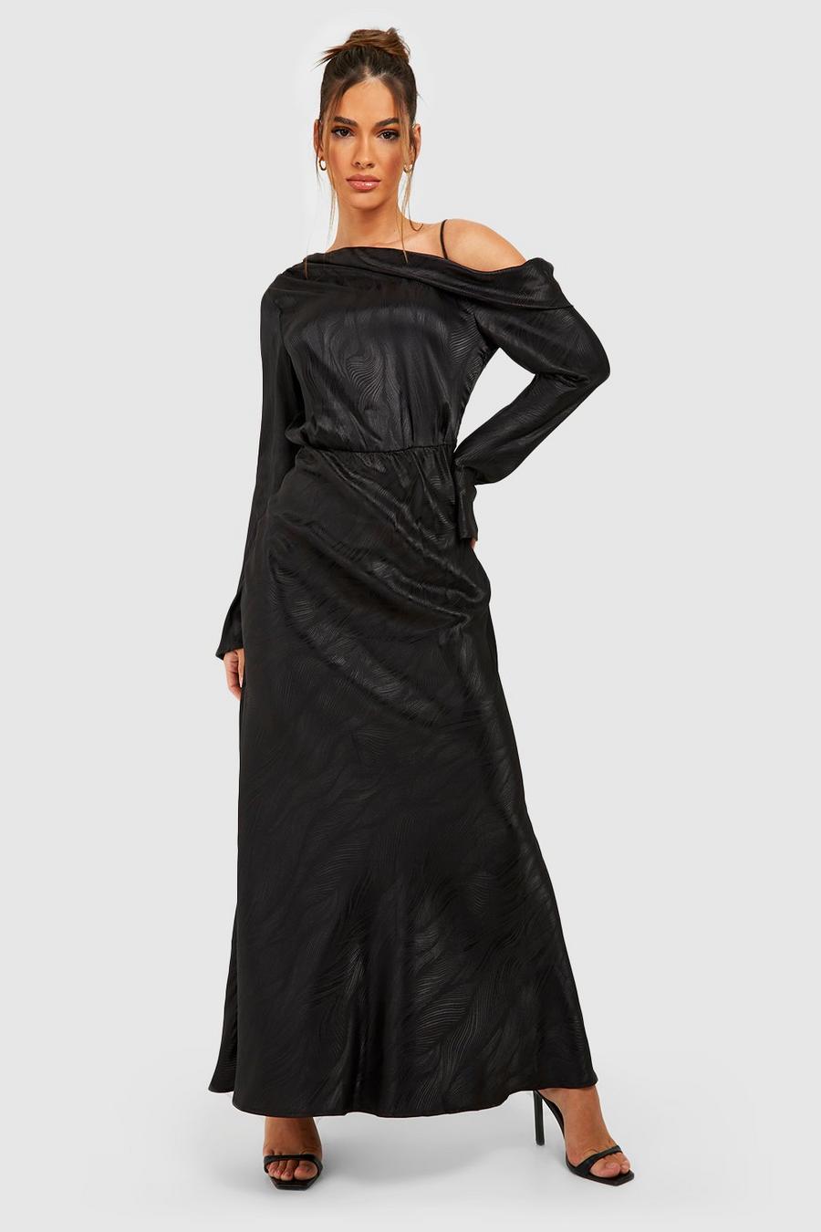 Black Jaquard Satin Asymmetric Maxi Dress image number 1