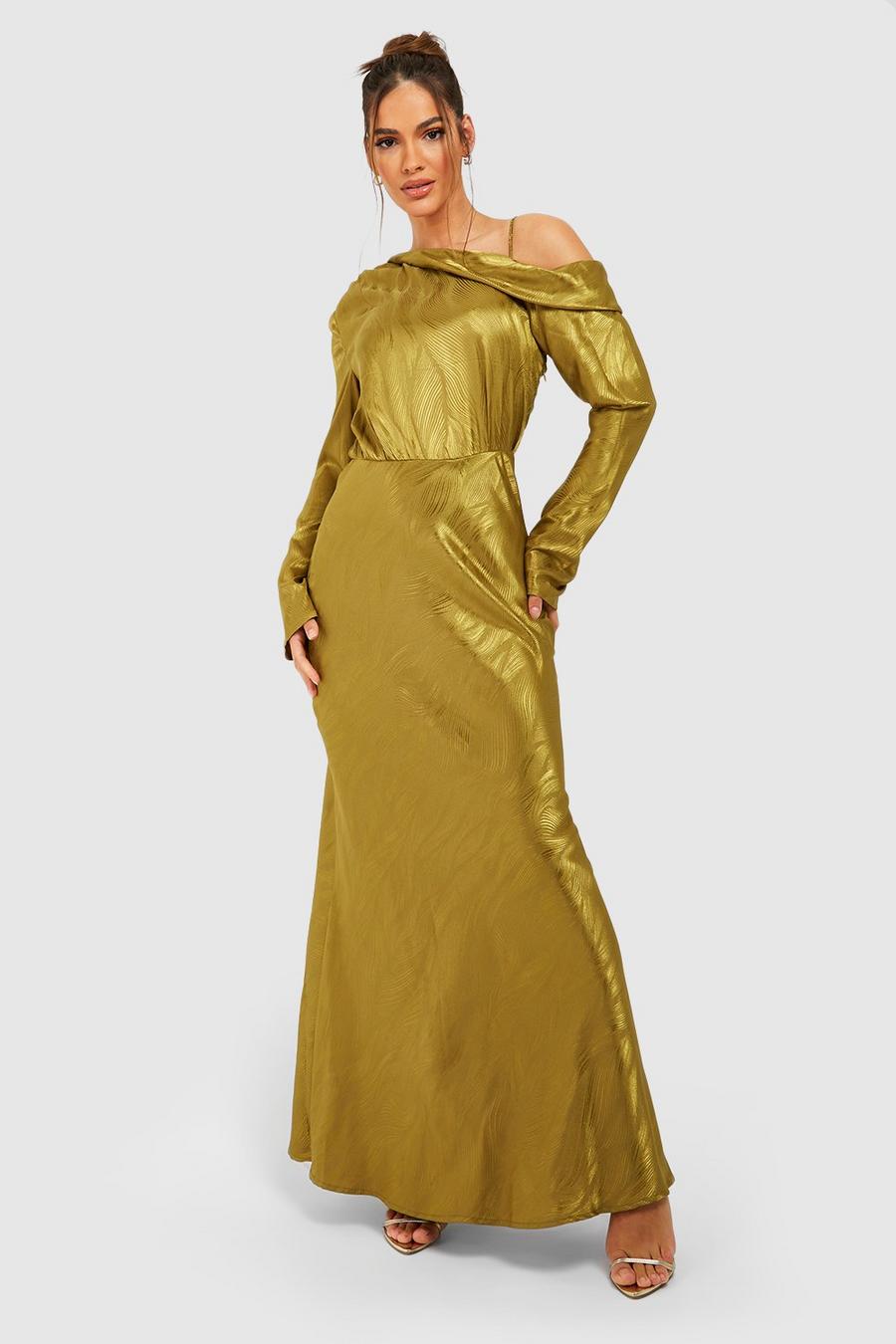 Olive Jaquard Satin Asymmetric Maxi Dress
