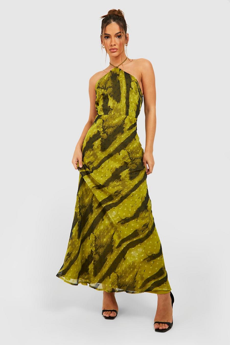 Olive green Abstract Dobby Halterneck Maxi Dress