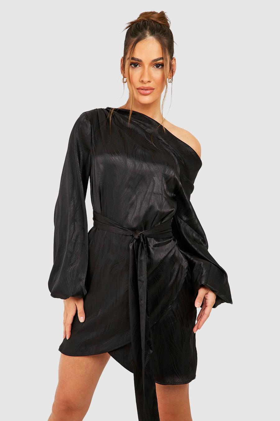 Black Jacqard Satin Wrap Mini Dress
