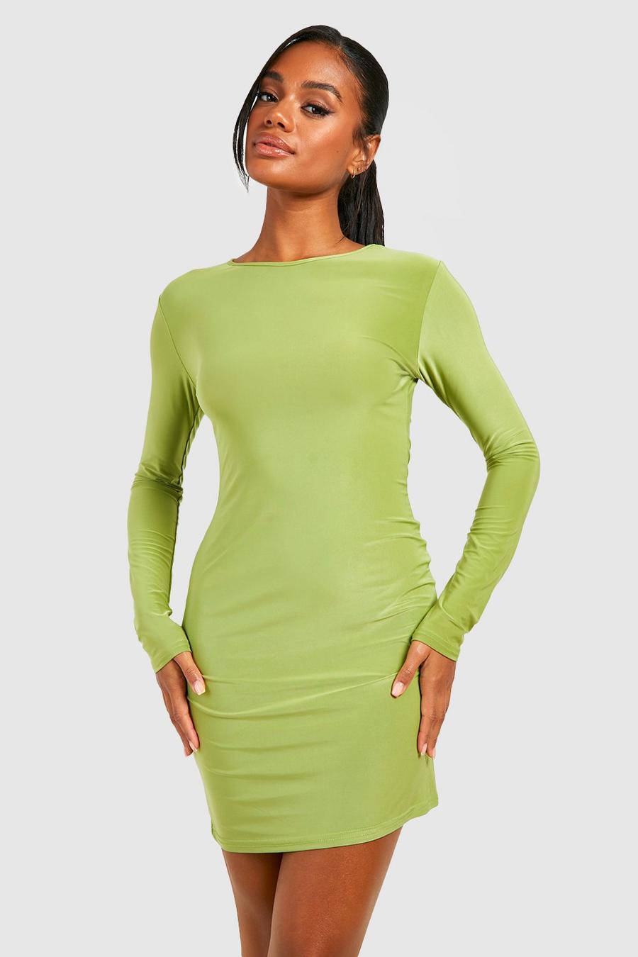 Vestido mini Premium ceñido con escote en U, Olive image number 1