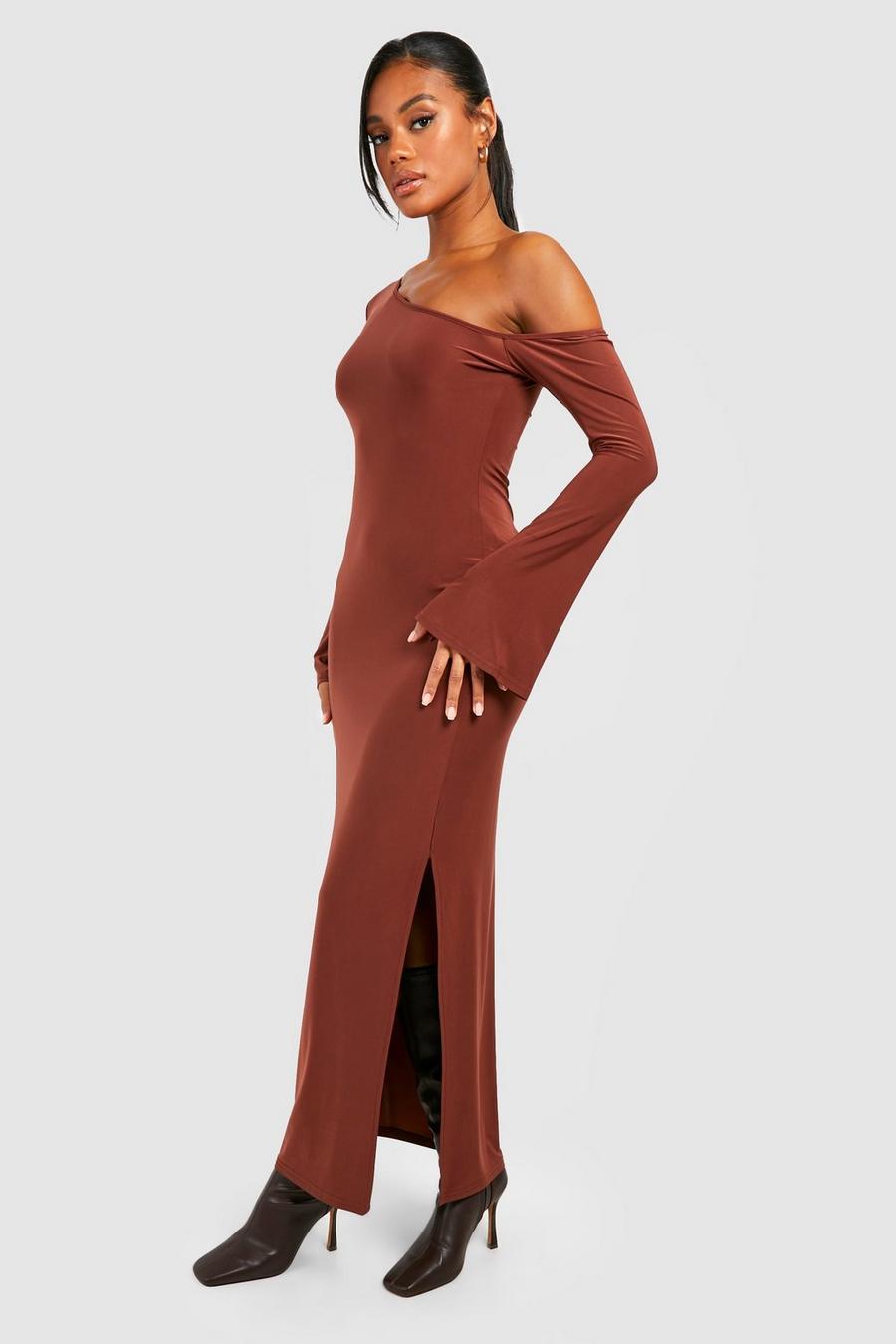 Chocolate Premium Slinky Off The Shoulder Maxi Dress image number 1