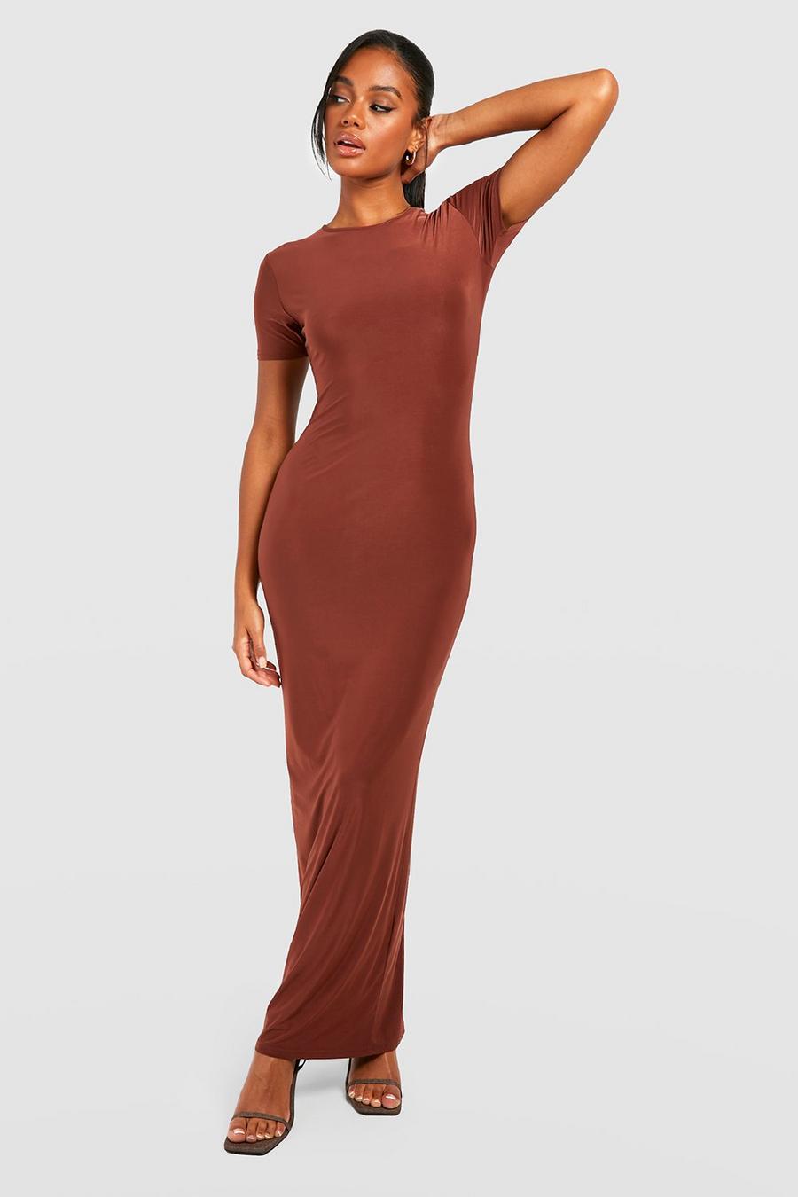boohoo Premium Slinky Short Sleeve Maxi Dress - Brown - Size 10