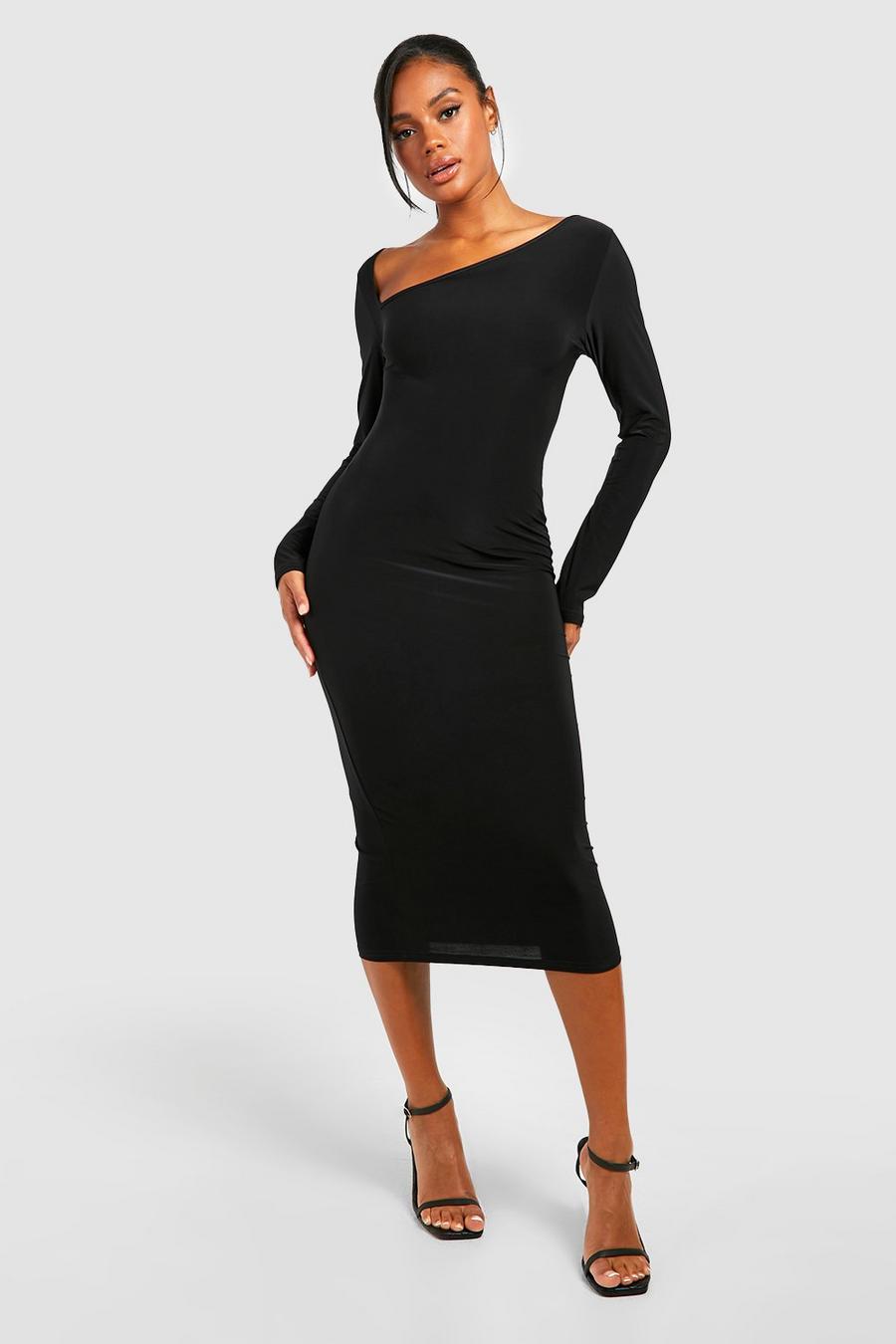 Black Premium Slinky Long Sleeve Midi Dress
